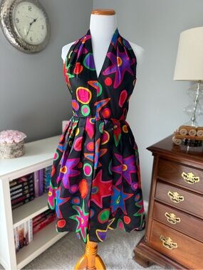 Halter Neck Multicolor Starprint Dress - Black